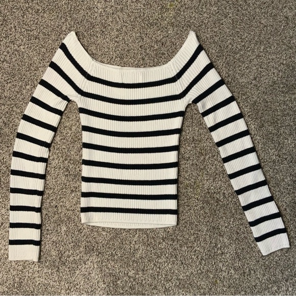 Black and White Striped Off-Shoulder Sweater - Picture 2 of 5